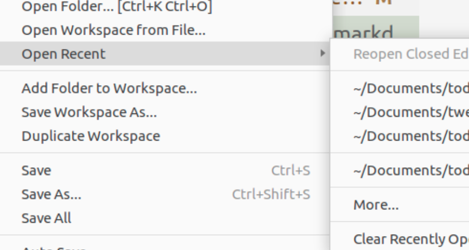 Open Recent Folder, Workspace, Document