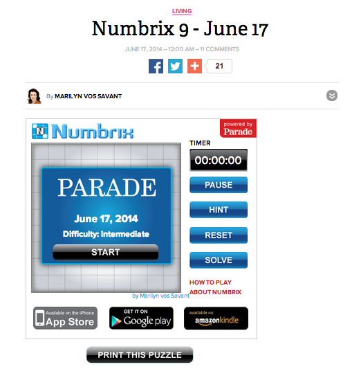 Numbrix game from Marilyn Vos Savant on Parade Digital