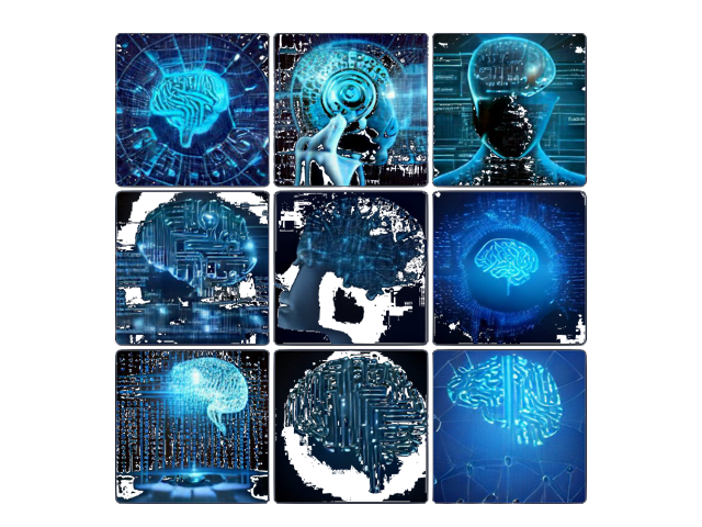 "Applied ML and AI through Manual Labor and Actual Intelligence" interpreted by Stable Diffusion. Nine images in three rows of human brains and circuitry entwined in neon blues and through gray hazes. Each is clean and connects to "Human-Cyborg Relations." On closer inspection of any, details are hazy.