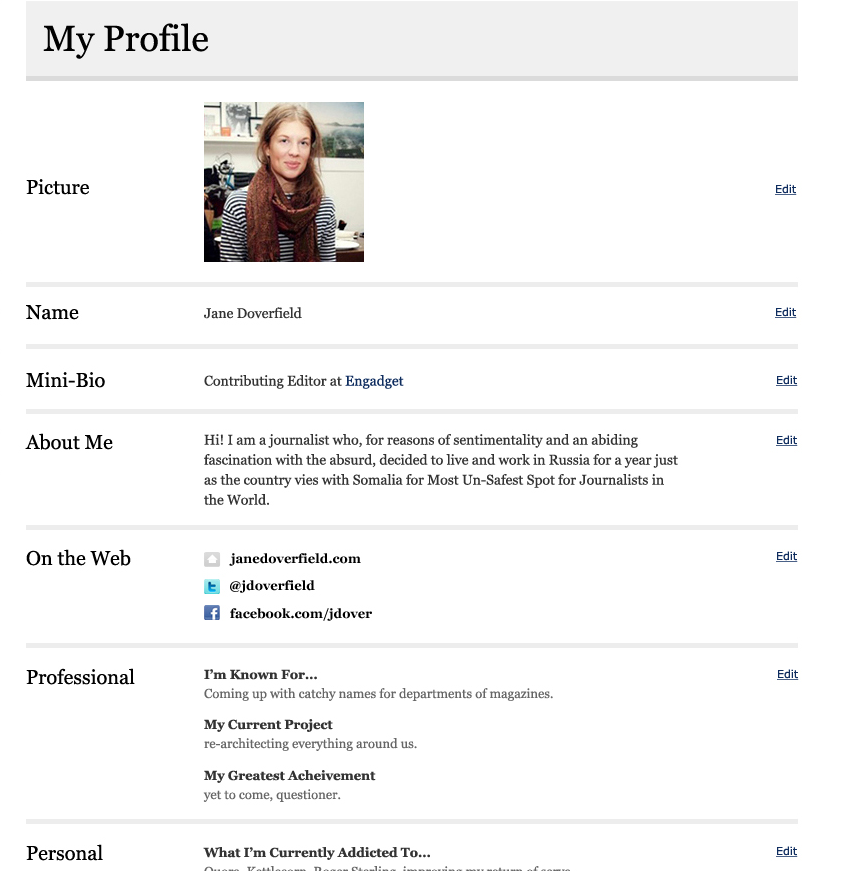 Forbes.com Member "Jane Doverfield-Smith" is reading their updated Profile -- Name, Mini-Bio, About Me, social channel info, Professional, and Personal info.