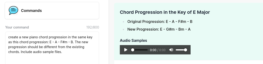 Prompting Jounce to create a chord progression in the same key as a progression given and to include audio sample files in its output. Using Jounce's 'Commands' template