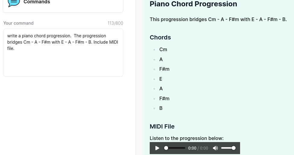 Prompting Jounce to create a chord progression in the same key as a progressions provided. Asked to include MIDI file in its output. Using Jounce's 'Commands' template