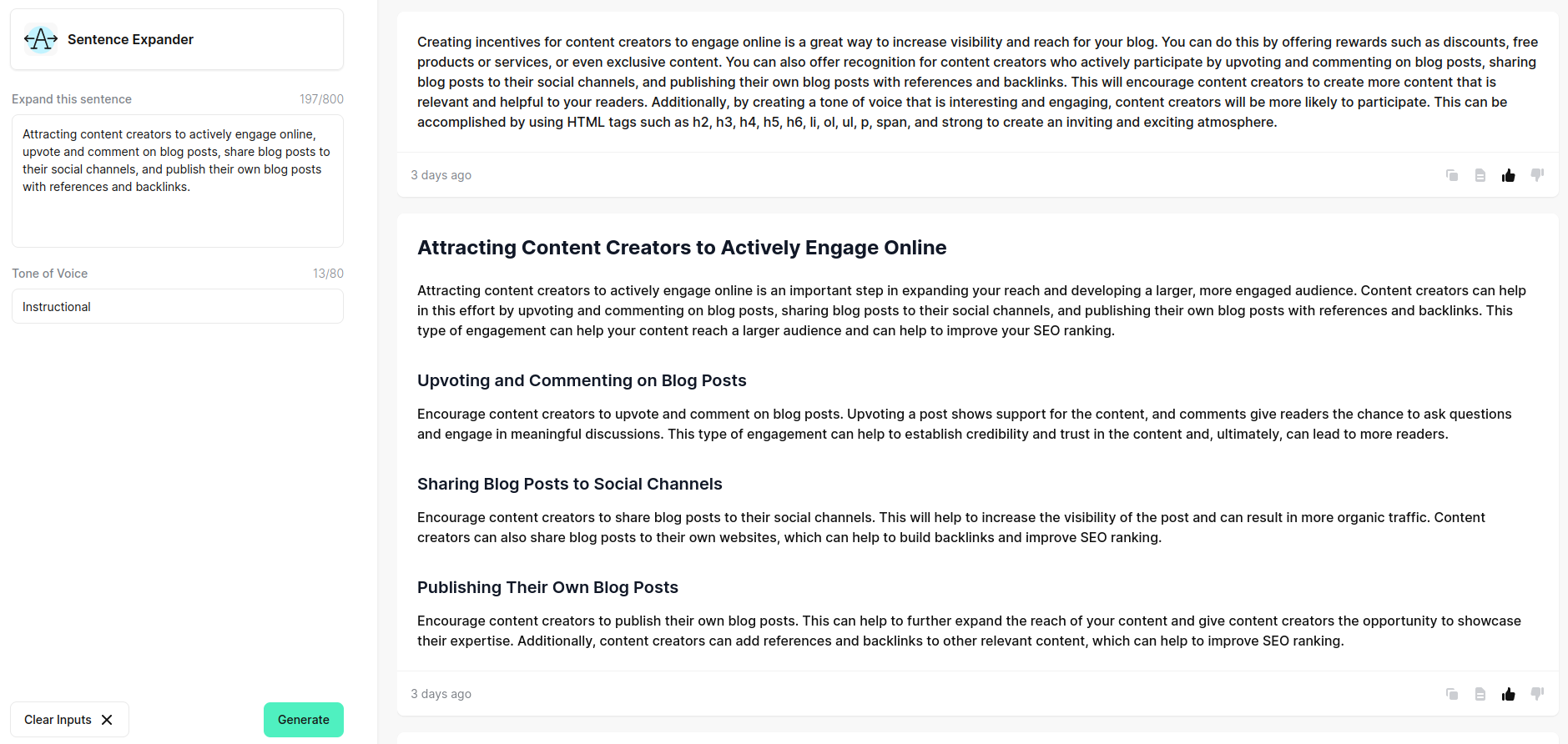 As with all Jounce template output, tweaking the prompt input sharpened the output. The prompt here in text narrative -- attracting content creators to actively engage online -- is similar to the copy in the links used to prompt using Persausive Bullet Points.