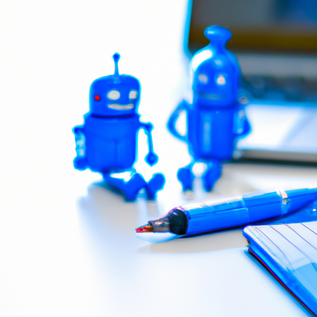 Robots helping people do work. Little blue robots sit next to notebook and pen and in front of the computer keyboard.